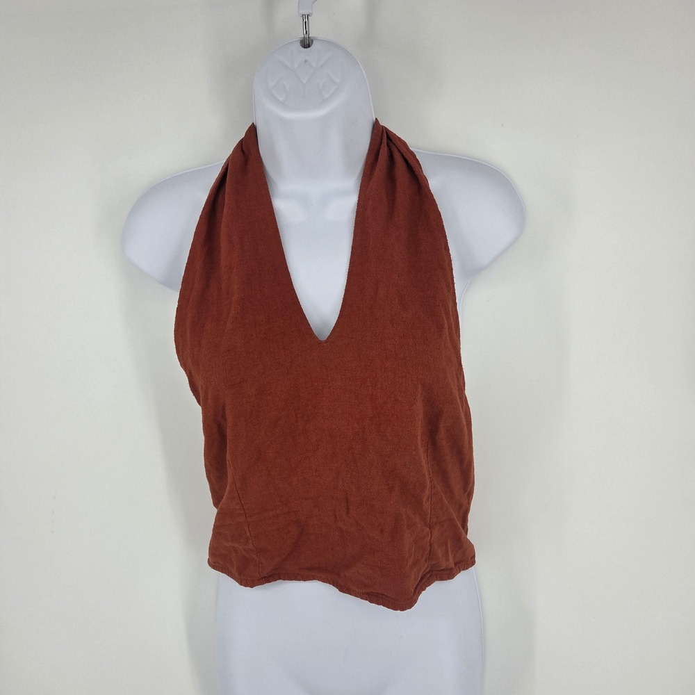 Abercrombie & Fitch Womens Linen Blend Halter Crop Top Rust Orange Smocked Large